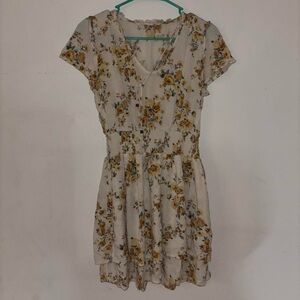 Floral Mini Dress Cottagecore Boho Cream Yellow Smocked Waist Chiffon Size XS/S